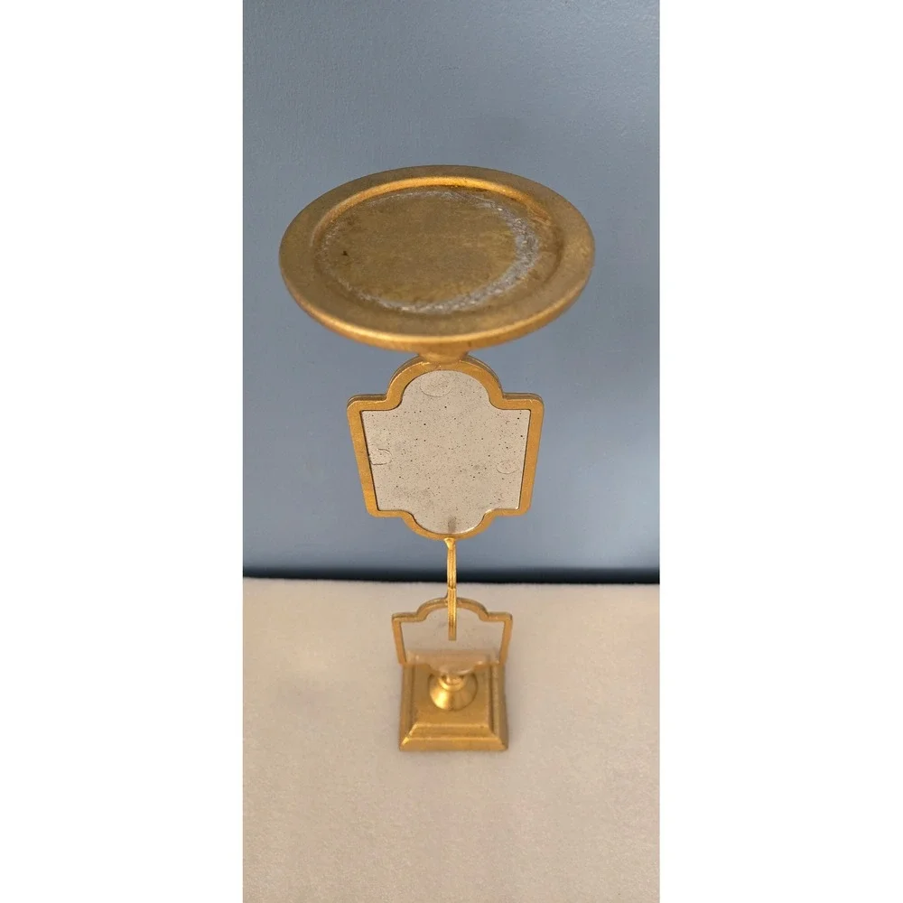 Gold Metal Pillar Candle Holder with Distressed Quatrefoil Mirrors 16.5 ch